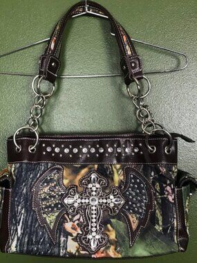 Camouflage Angel Wings Rhinestone Cross Western Shoulder Bag NWOT